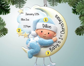 Baby Boy Hugging Moon - Personalized Christmas Ornaments - 1st Christmas baby boy - new baby