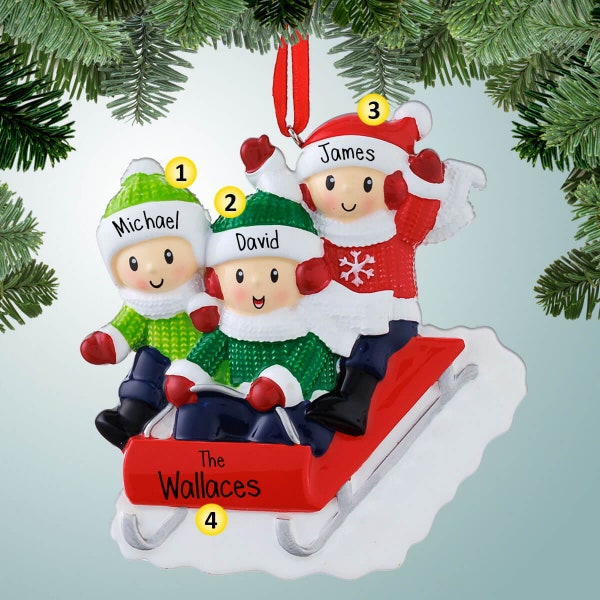 Personalized Family Riding Red Sled - 3 Christmas Ornament - Sledding Down a Hill - Fun in the Snow - Winter Joy - Toboggan - Three