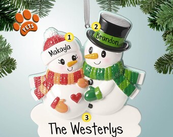 Snowman Couple with Red Heart Expecting - Personalized Christmas Ornament - 1st Baby - New Parents - Pregnant - Add Your Pets - Dogs - Cats