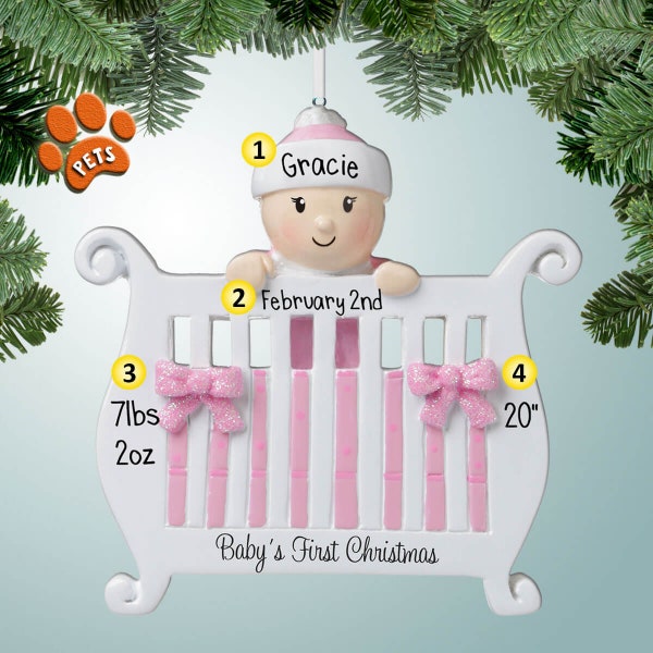 1st Christmas Ornament - Baby Girl in Crib - Personalized Christmas Ornaments - new baby - baby bed - Optional Pets - Perfect Handwriting