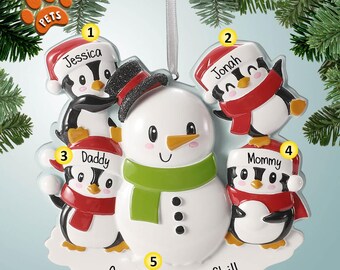 Winter Penguin Family of 4 - Building a Snowman - Personalized Christmas Ornament - Snow - Four - Friends - Pets - Free Personalization