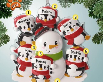 Winter Penguin Family of 6 - Building a Snowman - Personalized Christmas Ornament - Snow - Six - Friends - Pets - Free Personalization