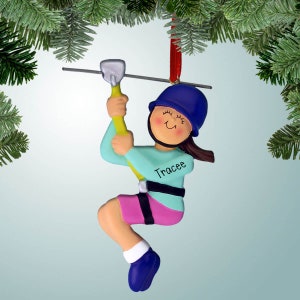 Zipline with Yellow Rope - Female Brown - Personalized Christmas Ornament - Zip Line