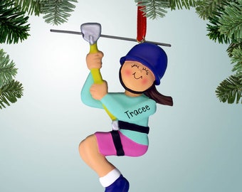 Zipline avec corde jaune - Brun femelle - Ornement personnalisé de Noel - Ligne de fermeture
