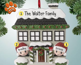Holiday Home Couple - Personalized Ornament - Decorate for the Holidays - Festive House - Garland - Wreath - Snow - Lights - Family of 2