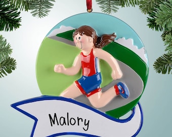 Personalized Female Runner with Banner Ornament - People who like to run - Jogging - 5k - Marathon Finisher - High School Track - Men - Girl