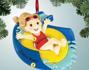 Personalized Girl on Blue Waterslide Christmas Ornament - Inner Tube - Water Park - Beach - Summer Vacation - Splash
