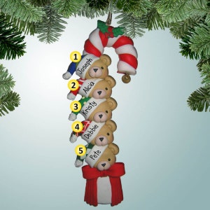 Candy Cane Bears - 5 - Christmas Ornaments - Family Ornaments - Family of 5  - Free Shipping Eligible