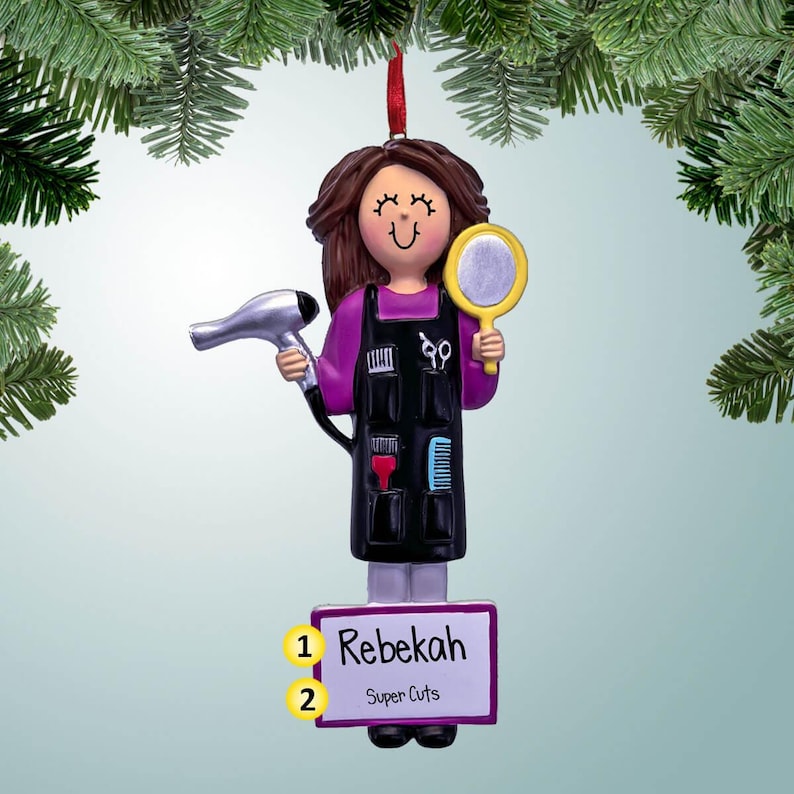 Personalized Hair Stylist With Purple Shirt Brown Hair Christmas
