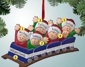 Blue Roller Coaster Family - 5 - Personalized Christmas Ornaments - Family Ornaments - Family of 5 amusement park - theme park - fairgrounds