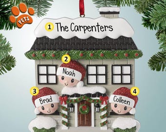 Holiday Home Family of 3 - Personalized Ornament - Decorate for the Holidays - Festive House - Garland - Wreath - Snow - Lights - Three