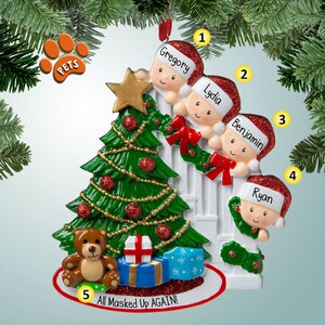 Peeking Around Tree Family - 4 - Personalized Ornaments - Family Ornaments - Family of 4 - Optional Pets - Peeking at gifts