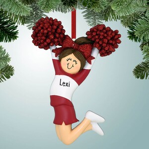 Personalized Jumping Cheerleader Red - Brown Hair Christmas Ornament - Cheer Squad - Drill Team - Dancers - High School