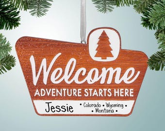 Letrero de parque nacional personalizado: La aventura comienza aquí, adorno navideño: Yellowstone, Yosemite, Zion, Utah, Arizona y el Gran Cañón
