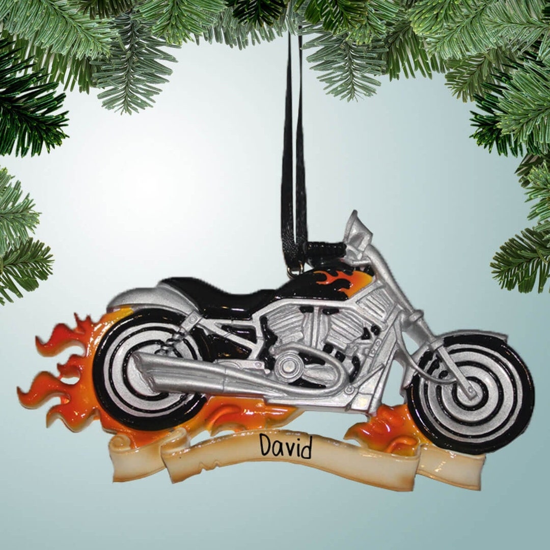 Harley Motorcycle With Flames - Personalized Christmas Ornaments