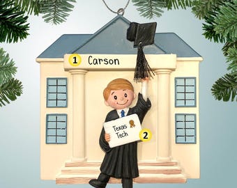 Graduate in Front of School - Male Blonde Hair - Ornament - Diploma - High School - College - Graduation - Degree - Black Cap and Gown