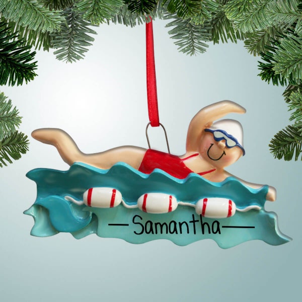 Happy Swimmer with Lane Floats - Female - Christmas Ornaments - Swimming Lessons - Loves the Water - Pool - Swim Team - Freestyle