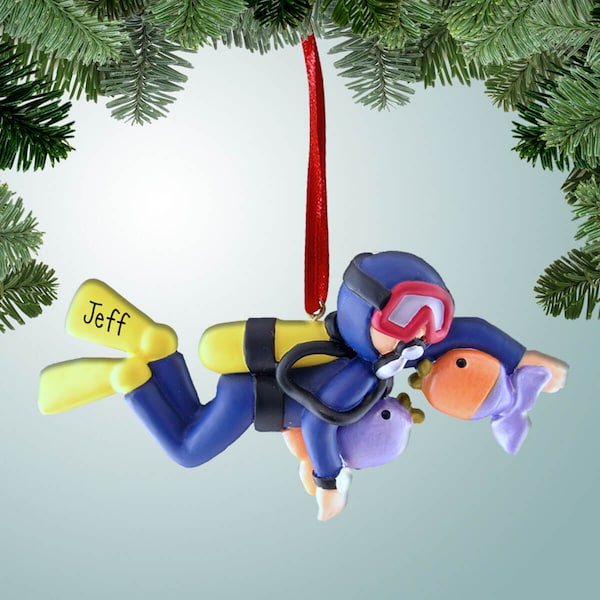 Blue SCUBA Diver with Fish - Personalized Christmas Ornaments - Water Sports diving - Caribbean - Hawaii - Great Barrier Reef