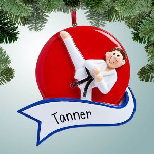 Personalized Male Karate with Banner Christmas Ornament - Black Belt - Self-Defense - Discipline - Tournament - Free Personalization