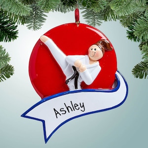 Personalized Female Karate with Banner Christmas Ornament - Black Belt - Self-Defense - Discipline - Tournament - Free Personalization