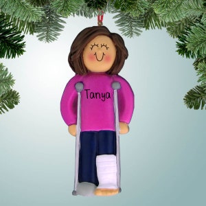 Female with Broken Leg - Brown - Christmas Ornaments -  cast - broken leg - break - accident - surgery - hospital - doctor