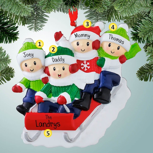 Personalized Family Riding Red Sled - 4 Christmas Ornament - Sledding Down a Hill - Fun in the Snow - Winter Joy - Toboggan - Four