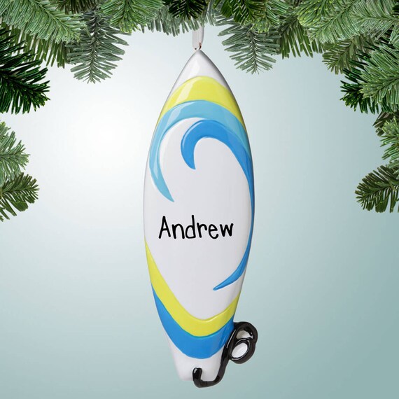 Yellow Blue and White Surfboard Personalized Christmas Ornaments