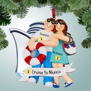 Personalized Cruise Couple with Banner Christmas Ornament - Honeymoon - Just Married - Caribbean - Mediterranean Sea - Mexico - Ships