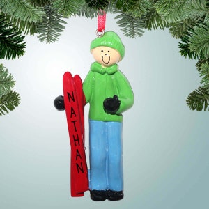 Personalized Skier with Red Skis Christmas Ornament - Skiing - People that Love to Ski - Mountains - Snow - Slalom - Cross Country