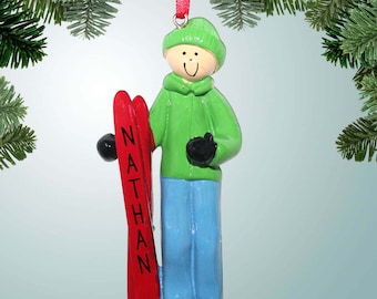 Personalized Skier with Red Skis Christmas Ornament - Skiing - People that Love to Ski - Mountains - Snow - Slalom - Cross Country