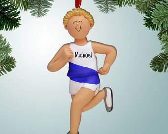 Male Runner with Stripe - Blonde Hair - Personalized Ornaments - Fitness - 1st Marathon - 10K - 5K - Track - Cross-Country - XC