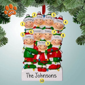 Tangled Lights Family - 9 - Personalized Ornaments - Family of Nine - Optional Pets - decorating for Christmas - large family ornament