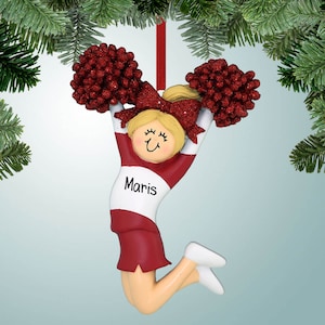 Personalized Jumping Cheerleader Red - Blonde Hair Christmas Ornament - Cheer Squad - Drill Team - Dancers - High School