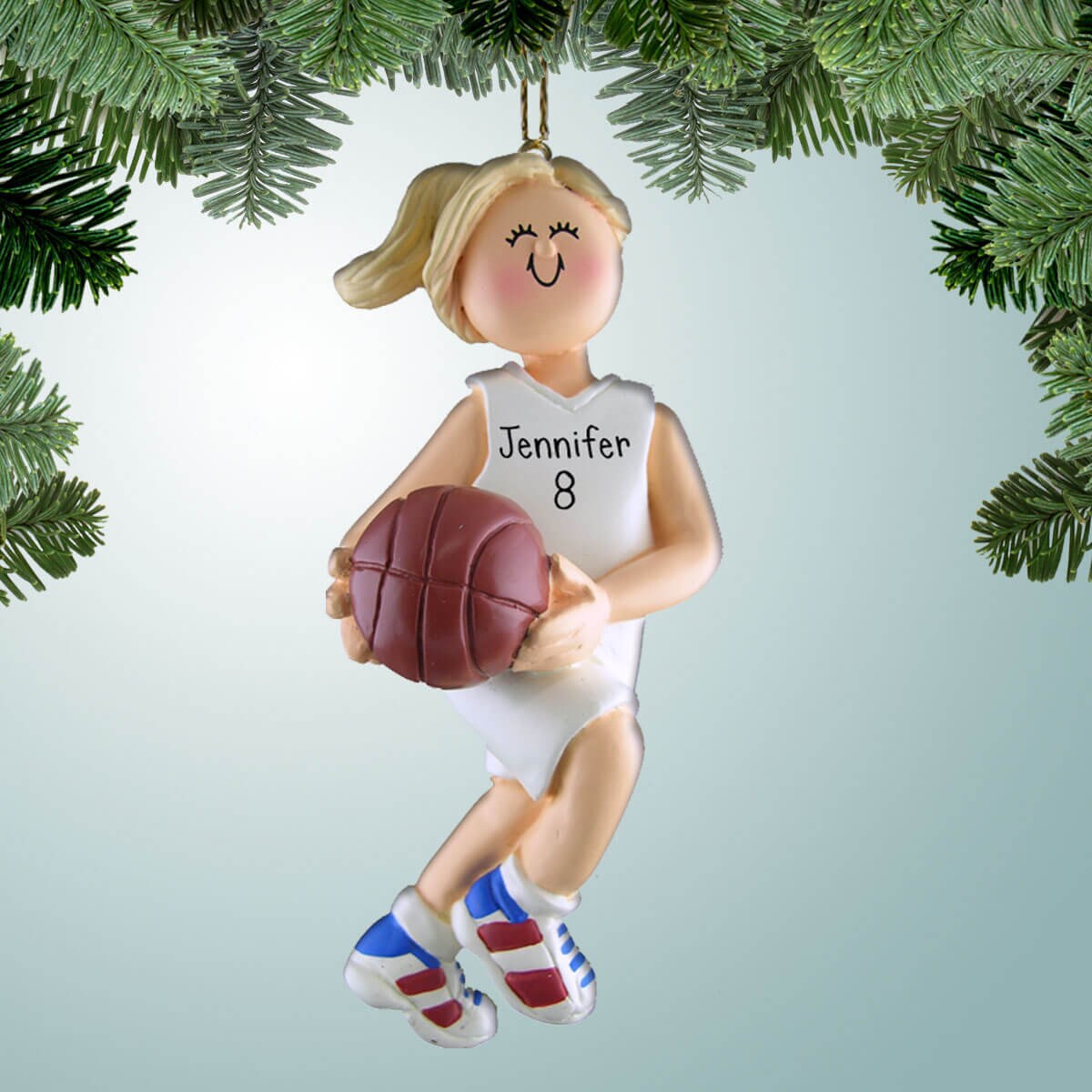 Personalized Basketball Female with White Uniform  - Blonde Hair - Christmas Ornament - Team Gift Ideas - Star Player - Dribbler