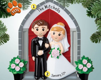 Wedding Couple in Front of Church - Personalized Christmas Ornaments - 1st Christmas  - Marriage - Wedding Day - Newlyweds - Optional Pets