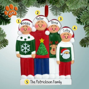 Ugly Christmas Sweater Family - 4 - Personalized Christmas Ornament - Family Ornaments - Family of 4 - Christmas Party - Optional Pets