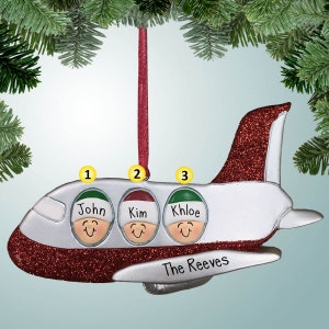Family on Airplane - 3 - Christmas Ornaments - Travel vacation - travel - plane trip - first airplane ride - Free Personalization