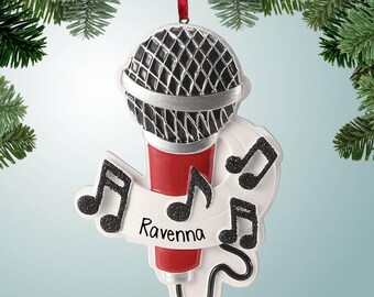 Red Microphone with Musical Notes - Personalized Christmas Ornament - Karaoke - 1st Concert - Singing Competition - Music - Band