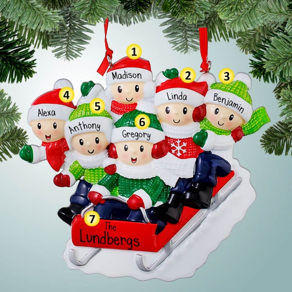 Personalized Family Riding Red Sled - 6 Christmas Ornament - Sledding Down a Hill - Fun in the Snow - Winter Joy - Toboggan - Six