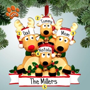 Reindeer Family with Holly - 4 - Personalized Ornaments - Family Ornaments - Family of 4 - Optional Pets - Santa's Team