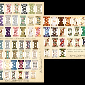 May include: A sheet of printable page clip tabs with various designs, including floral, geometric, and seasonal themes. The tabs are designed to be fussy cut, folded in half, punched with a hole, and glued to pages. The text on the sheet reads "Page Clip Tabs Created by Lizbeth Claire Studios. Fussy cut, fold in half, punch hole, glue to page. ©2022 Lizbeth Claire Studios."