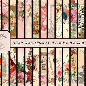 Hearts and Roses Collage Backgrounds Digital Kit Shabby Vintage Junk Journal Collage Tear Sheets Instant Digital Download Art Journal
