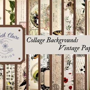 May include: A collage of vintage paper textures with brown borders. The paper has a variety of patterns, including floral, text, and musical notes. The text "Lizbeth Claire Studios" and "Collage Backgrounds Vintage Paper" is visible in the centre of the image.