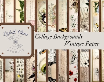 May include: A collage of vintage paper textures with brown borders. The paper has a variety of patterns, including floral, text, and musical notes. The text "Lizbeth Claire Studios" and "Collage Backgrounds Vintage Paper" is visible in the center of the image.