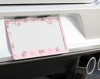 Coquette metalen nummerplaatlijst | Leuk Auto-accessoire Grillig Decor Strikken Roze Pastelbloemen Harten Cottagecore Softgirl Fairycore