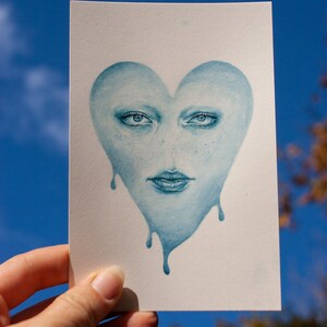 Lippy Blue Valentine Heartling Artwork, Weird and Original Heart Face Art, Watercolor Painting, 4x6 Wall Decor by Little Linden Art