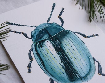 Blue Beetle Watercolor Painting, Giclée Art Print, 5x7 Insect Artwork, Scientific Illustration, Original Painting by Little Linden Art