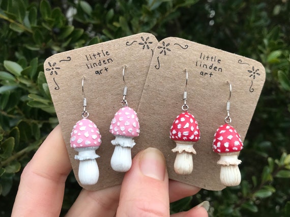littlelindenart Pink Mushroom Polymer Clay Earrings Valentine s Day Nature and Botanical Jewelry