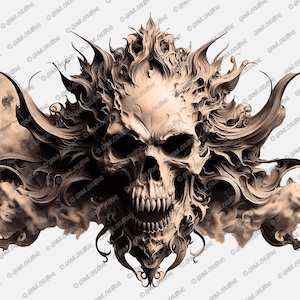 May include: A detailed illustration of a skull with a menacing expression, surrounded by swirling, smoke-like tendrils. The skull is rendered in shades of brown and white, creating a dramatic and eerie effect.