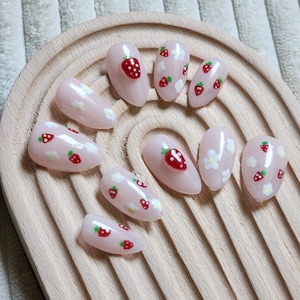 Summer Strawberry | Reusable Gel Press On Nails | Strawberry Nails | Kawaii